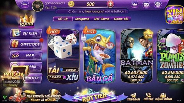 Giao diện cổng game đổi thưởng Zinvip Club