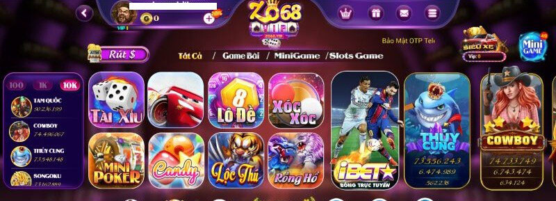 Giao diện cổng game đổi thưởng Zo68 Club