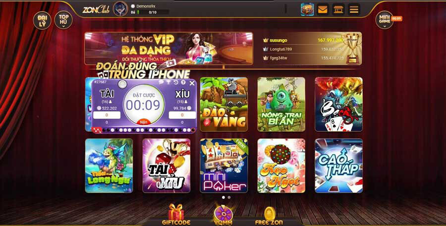 Giao diện cổng game Zonclub