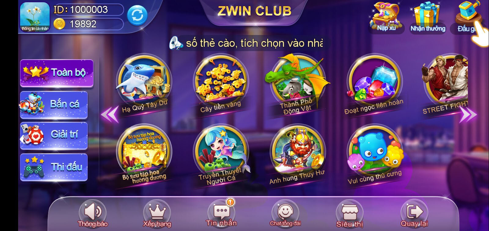 Giao diện cổng game Zwinclub